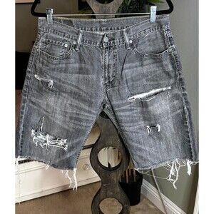 Levi's 514 Black Denim Jean Cut Off Shorts Distressed Faded Size 34 Thrashed
